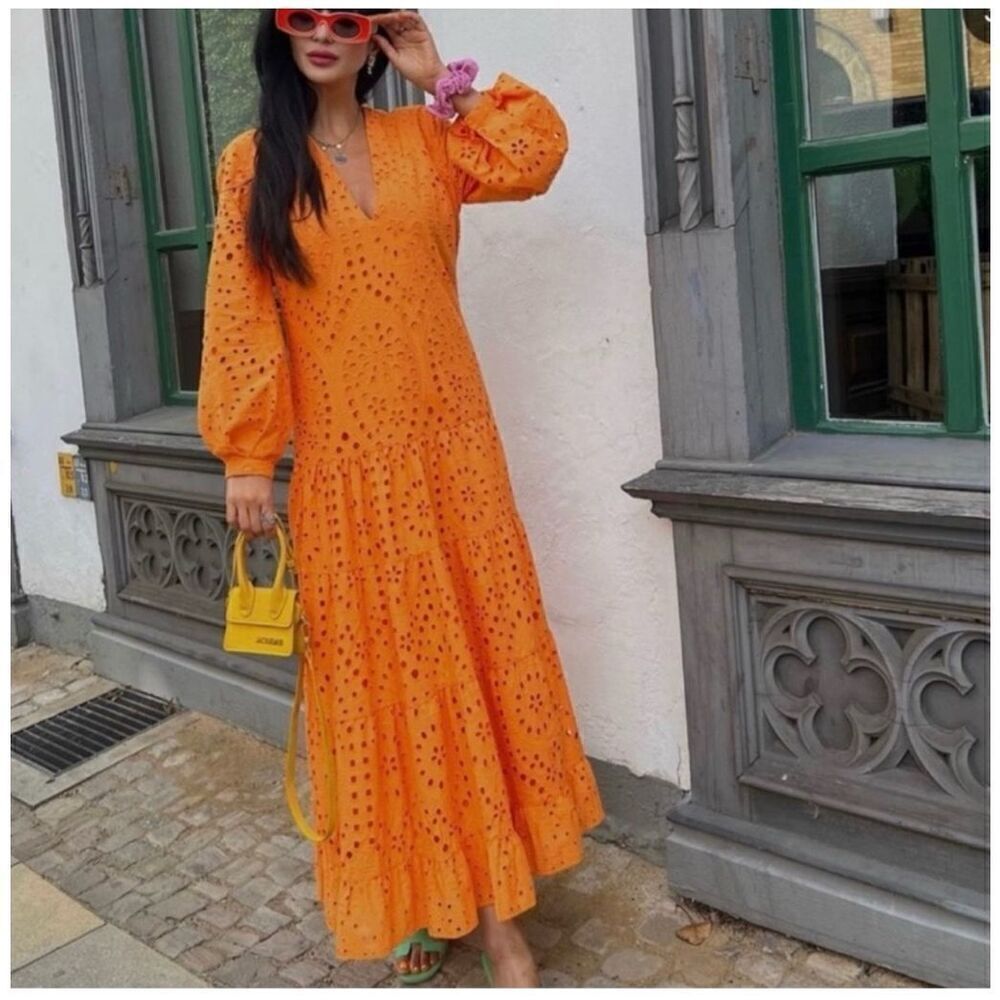 Zara Women’s Blogger Favorite Orange Embroidered Eyelet Puff Sleeve Maxi Dress